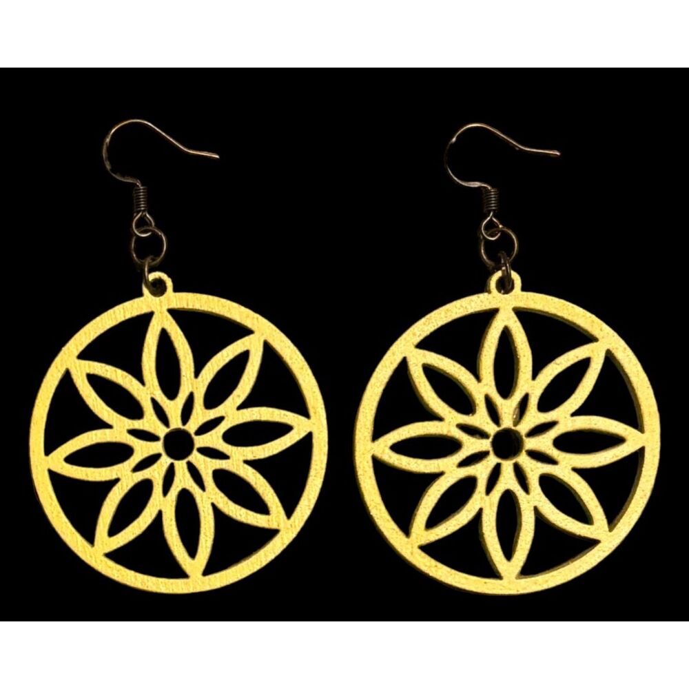 Wood Earrings - 1.87" x 1.75" Circle Flower - Summer Squash - E105-46